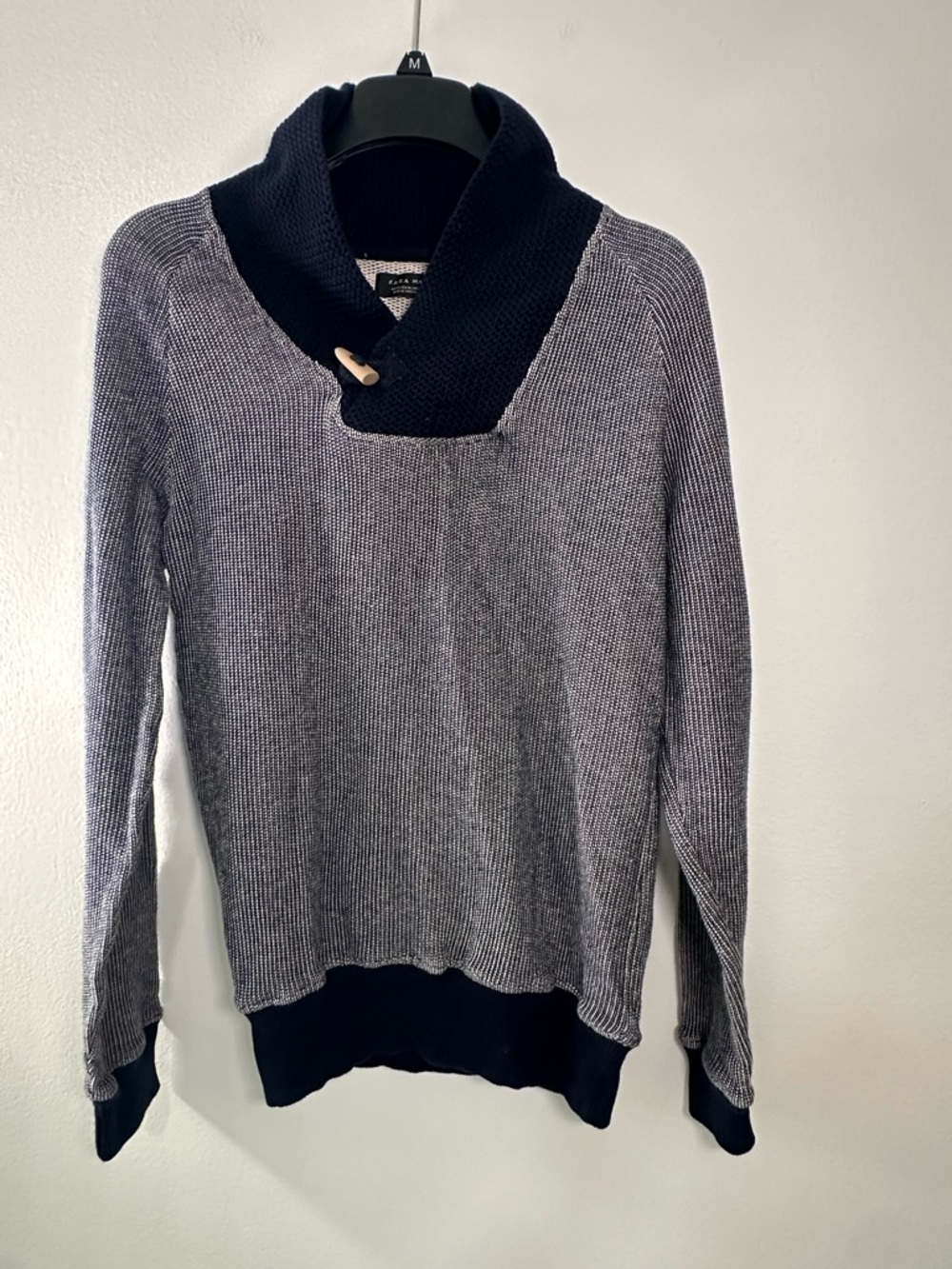 Zara Man Shawl Collar Knit Sweater Gray Navy Cotton Size M Portugal